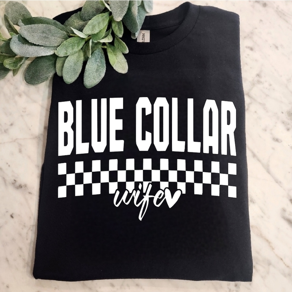 blue collar wife shirt cute popular trending retro black and white checkered